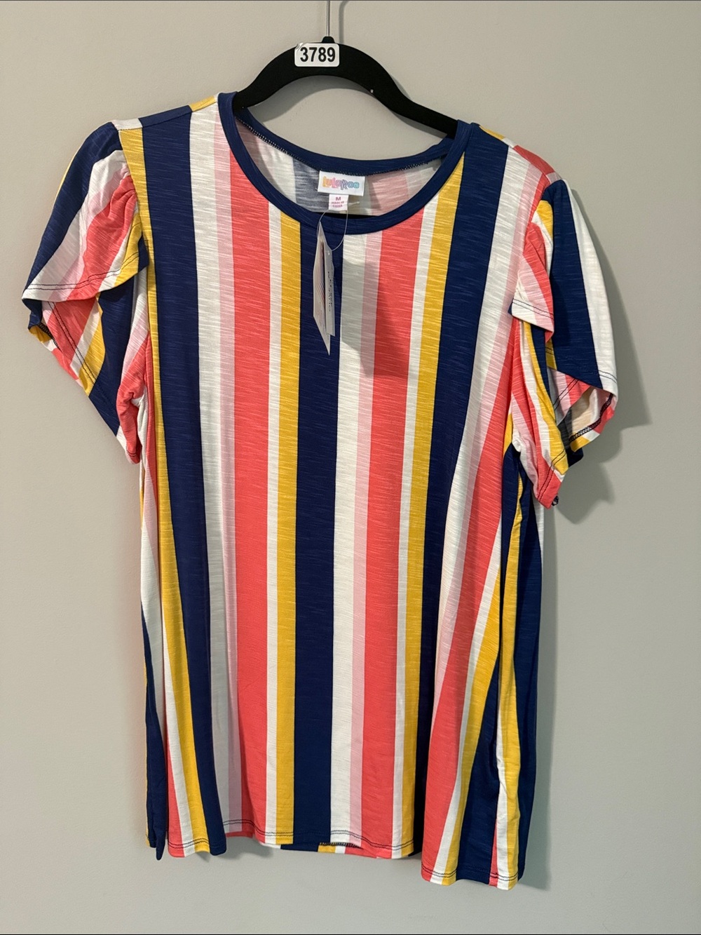 LuLaRoe Short Sleeve Striped Tee in Navy, Coral, Yellow & White